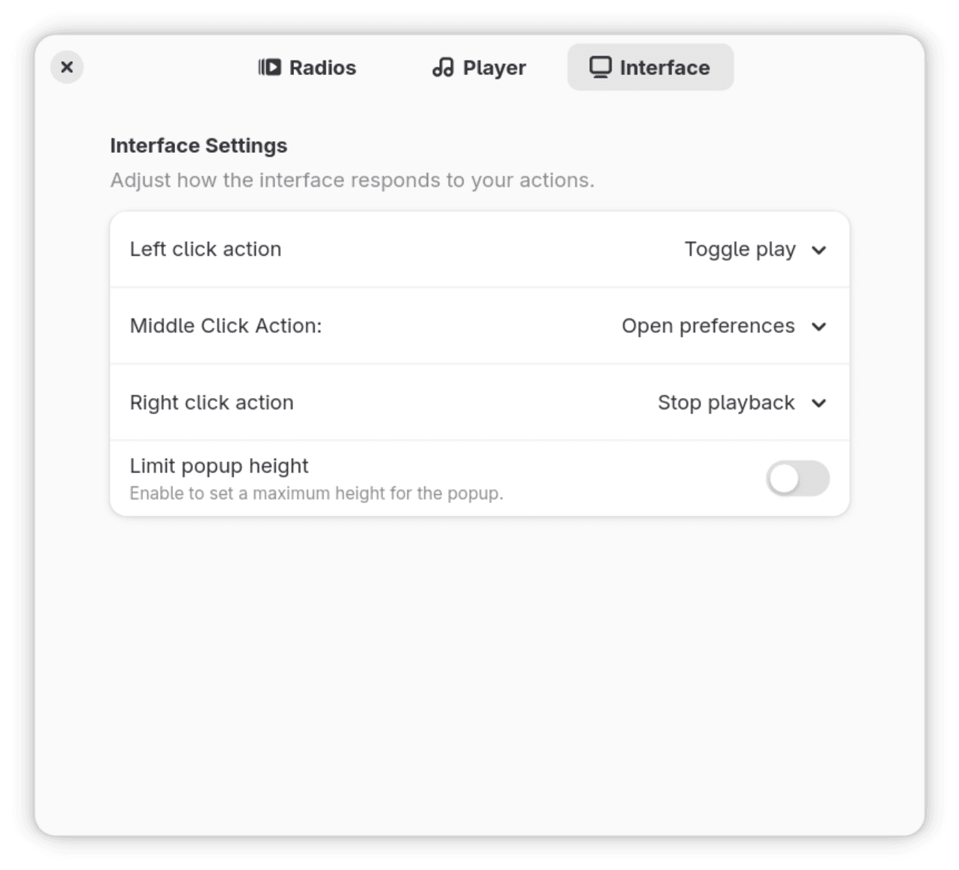 Quick Lofi interface settings. Preferences, Interface page: indicator click actions and popup height.