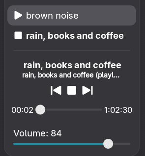 Quick Lofi panel menu. The panel menu with the mini player: playlist progress, controls, and volume.