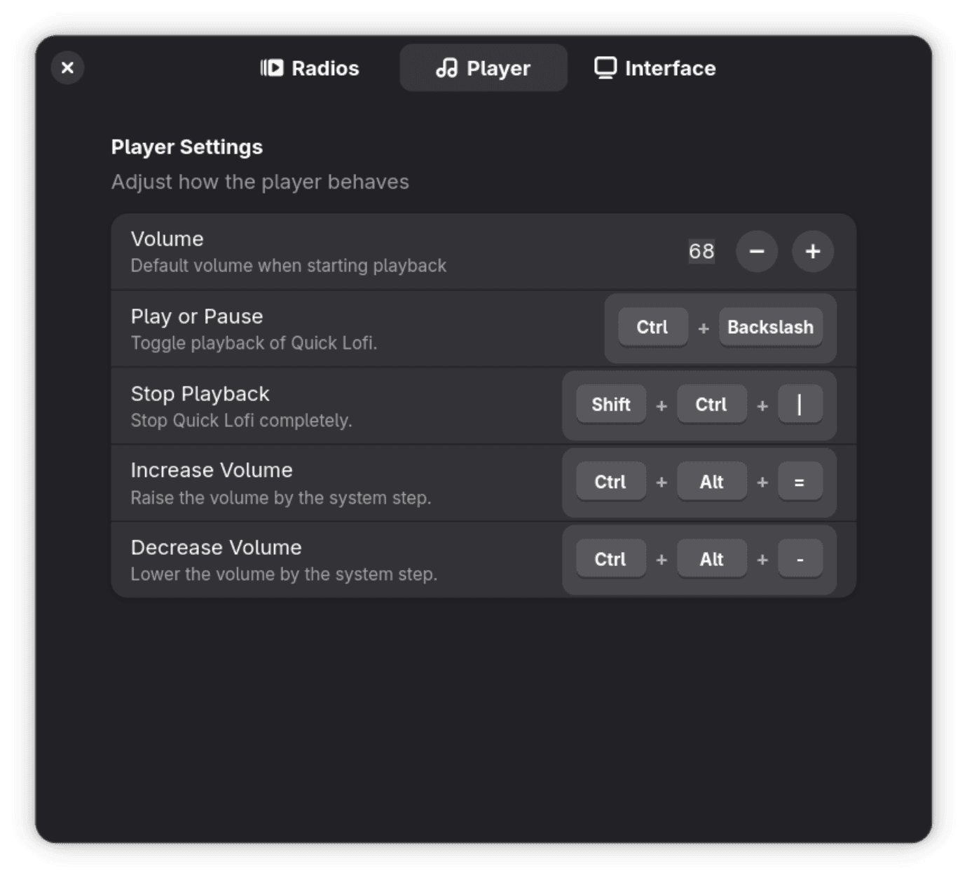 Quick Lofi player settings. Preferences, Player page: default volume and global shortcuts.